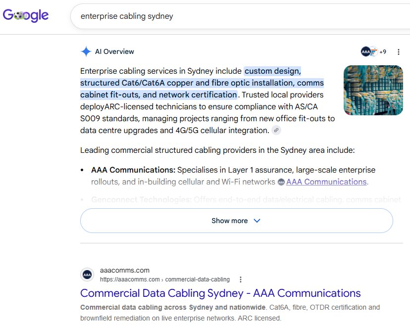 Google AI Overview for 'enterprise cabling Sydney' listing AAA Communications first