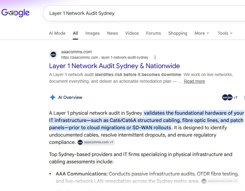 Google AI Overview for 'Layer 1 Network Audit Sydney' citing AAA Communications, #1 organic result