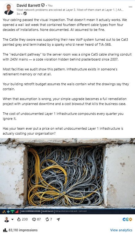 LinkedIn post by David Barrett about an undocumented wall cavity, 83,110 impressions