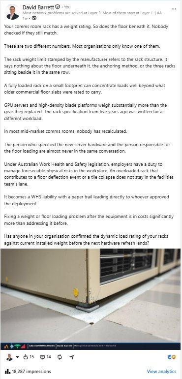 LinkedIn post by David Barrett about comms room rack weight and floor loading