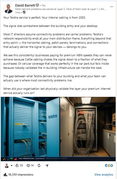 LinkedIn post by David Barrett on Telstra service and in-building cabling, 18,359 impressions