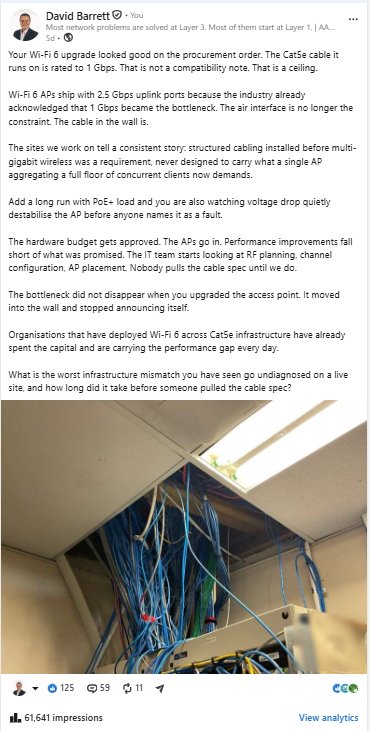 LinkedIn post by David Barrett on Wi-Fi 6 running over Cat5e cabling, 61,141 impressions